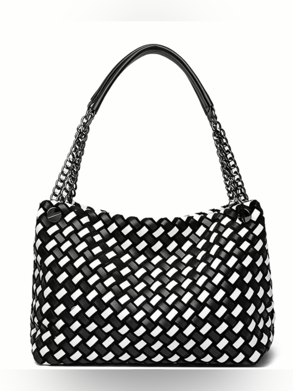 Woven Chain-Handle Genuine Leather Shoulder Bag in Black and White